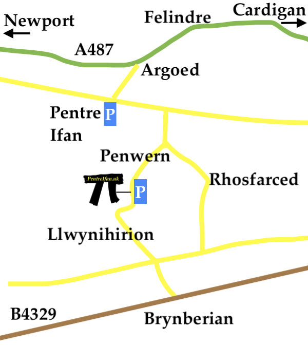 Location of Pentre Ifan dolmen on a simple map of the local area,
			showing its position relative to Felindre, Argoed, Penwern, Rhosfarced, Llwynihirion, Brynberian.
			Urdd Gobaith Cymru have a camp nearby, The Environmental and Wellbeing Residential Centre, that has an emphasis on living sustainably.
			
