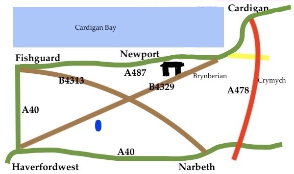 Location of Pentre Ifan dolmen on a simple map of the wider area south of Cardigan Bay 
			and bounded by Fishguard, Newport, Cardigan, Crymych, Narbeth, Haverfordwest
			and showing its proximity to Brynberian and the reservoir at Llys-y-frân.
			